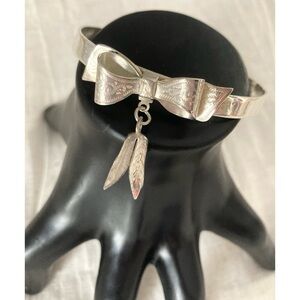 Sterling Silver 3-D Bow Cuff Bracelet w/Flower Bud Charm Etched